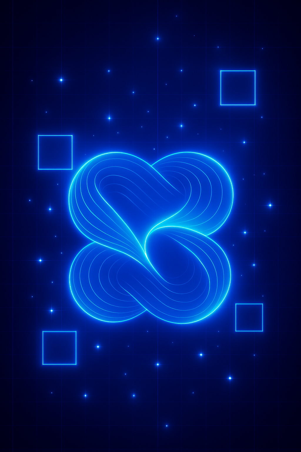 A glowing blue abstract intertwined shape symbolizing adaptive technology, on a gridded background with sparkles.