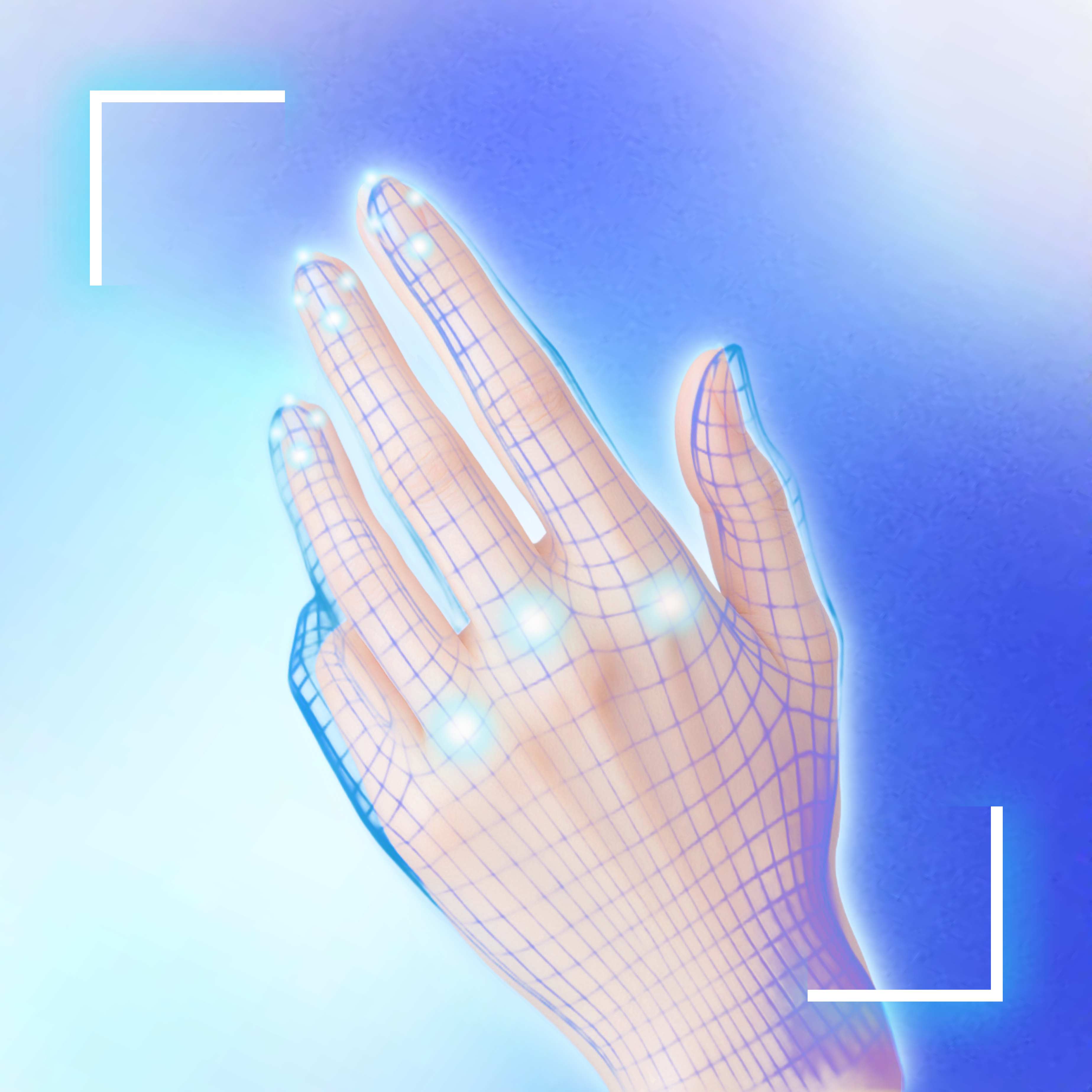 Wireframe hand with grid overlay showing advanced hand tracking and detection technology.