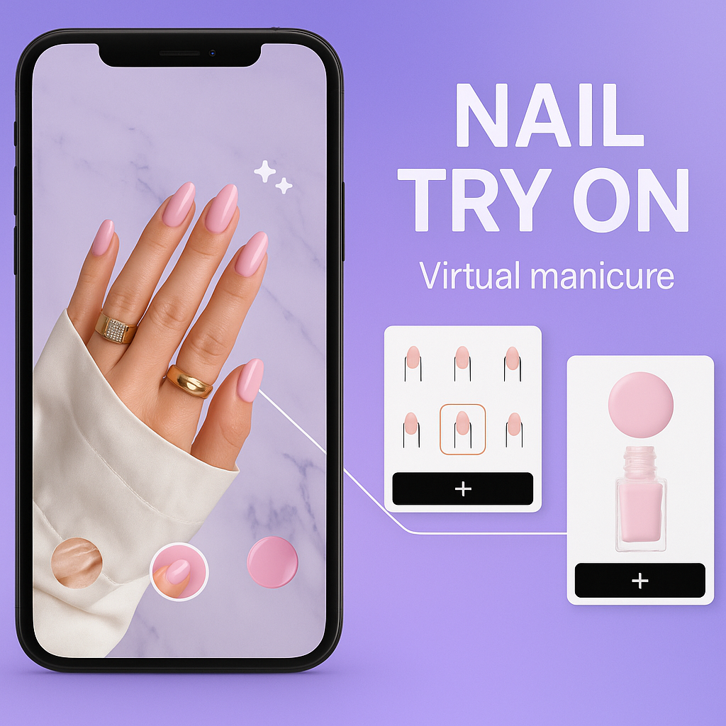 Smartphone interface showing AR nail try-on feature with virtual manicure selection.