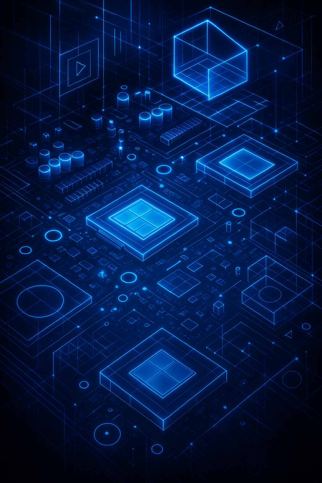 A glowing blue digital representation of a high-tech circuit board.