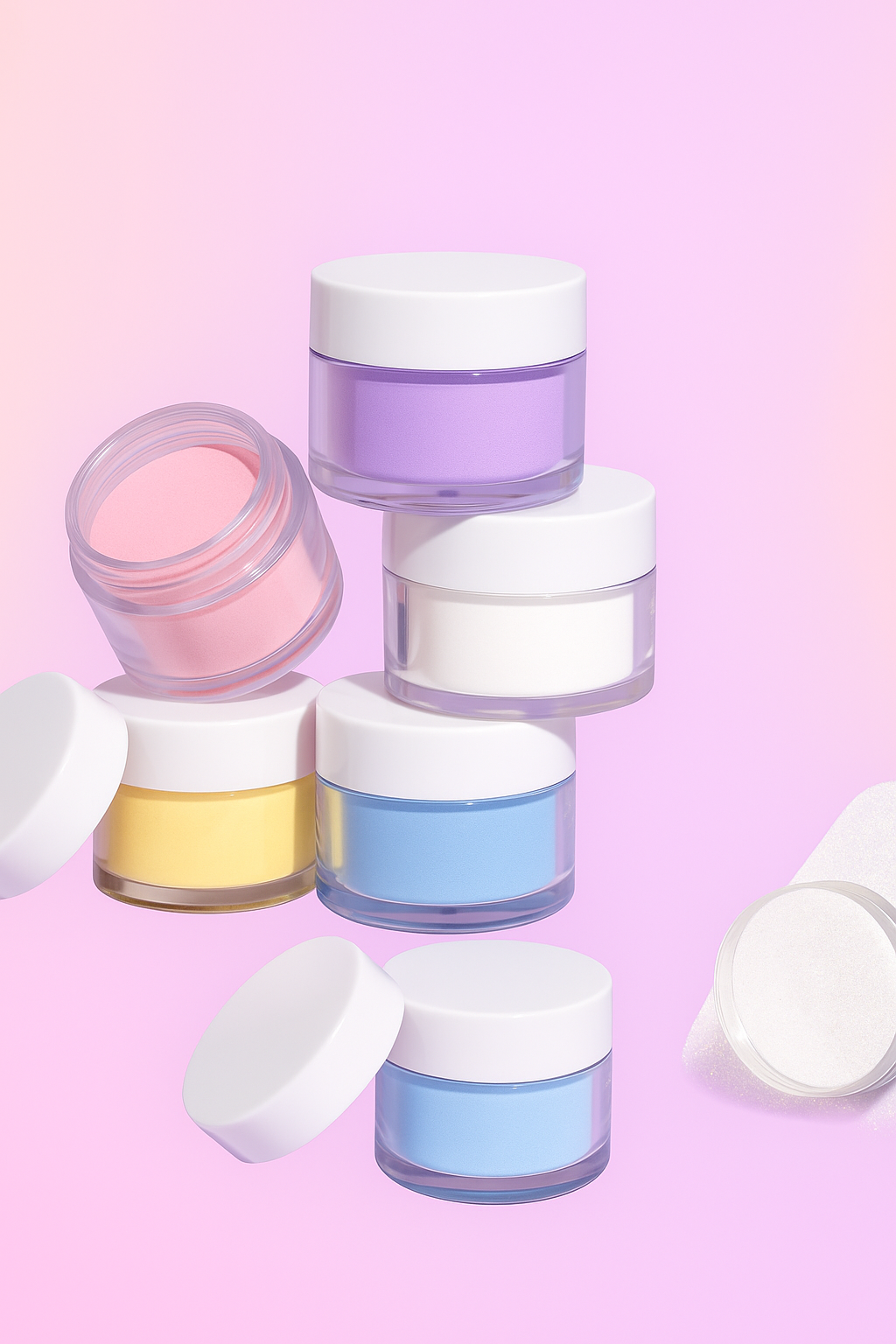 Elegant cosmetic jars in purple, pink, white, yellow and blue colors with white lids arranged on soft pink gradient background